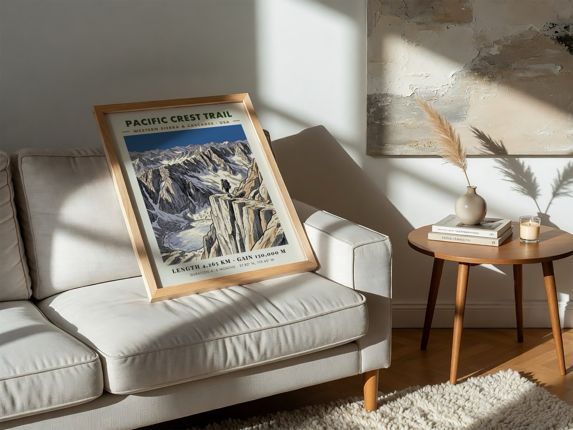 Poster featuring a hiker on a mountain ridge overlooking a glacial lake landscape