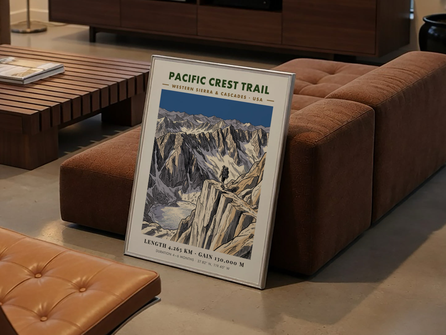 Poster featuring a hiker on a mountain ridge overlooking a glacial lake landscape