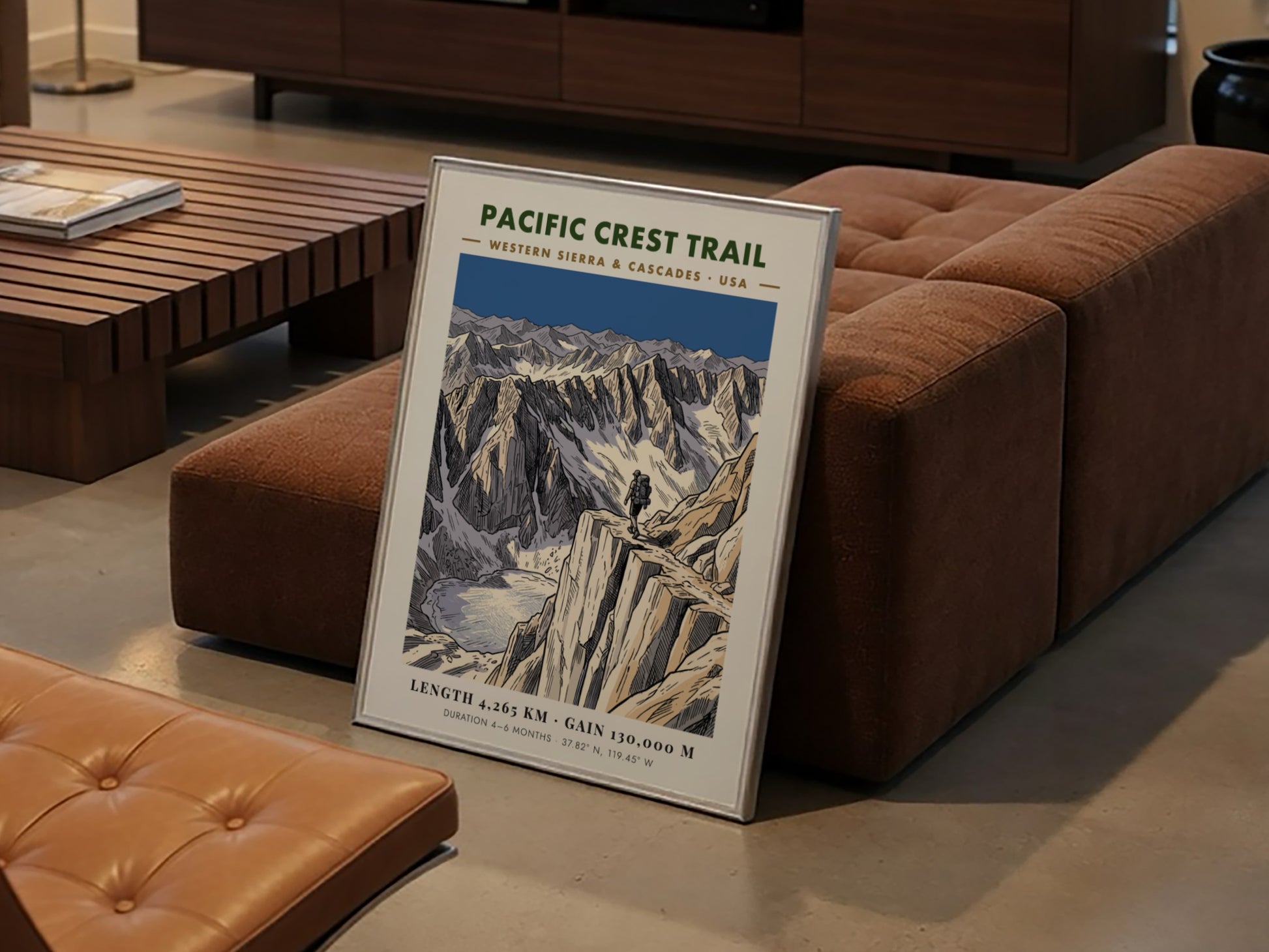 Poster featuring a hiker on a mountain ridge overlooking a glacial lake landscape