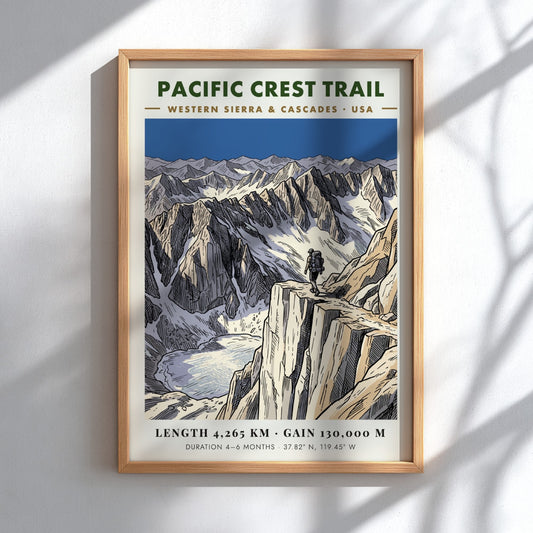 Poster featuring a hiker on a mountain ridge overlooking a glacial lake landscape