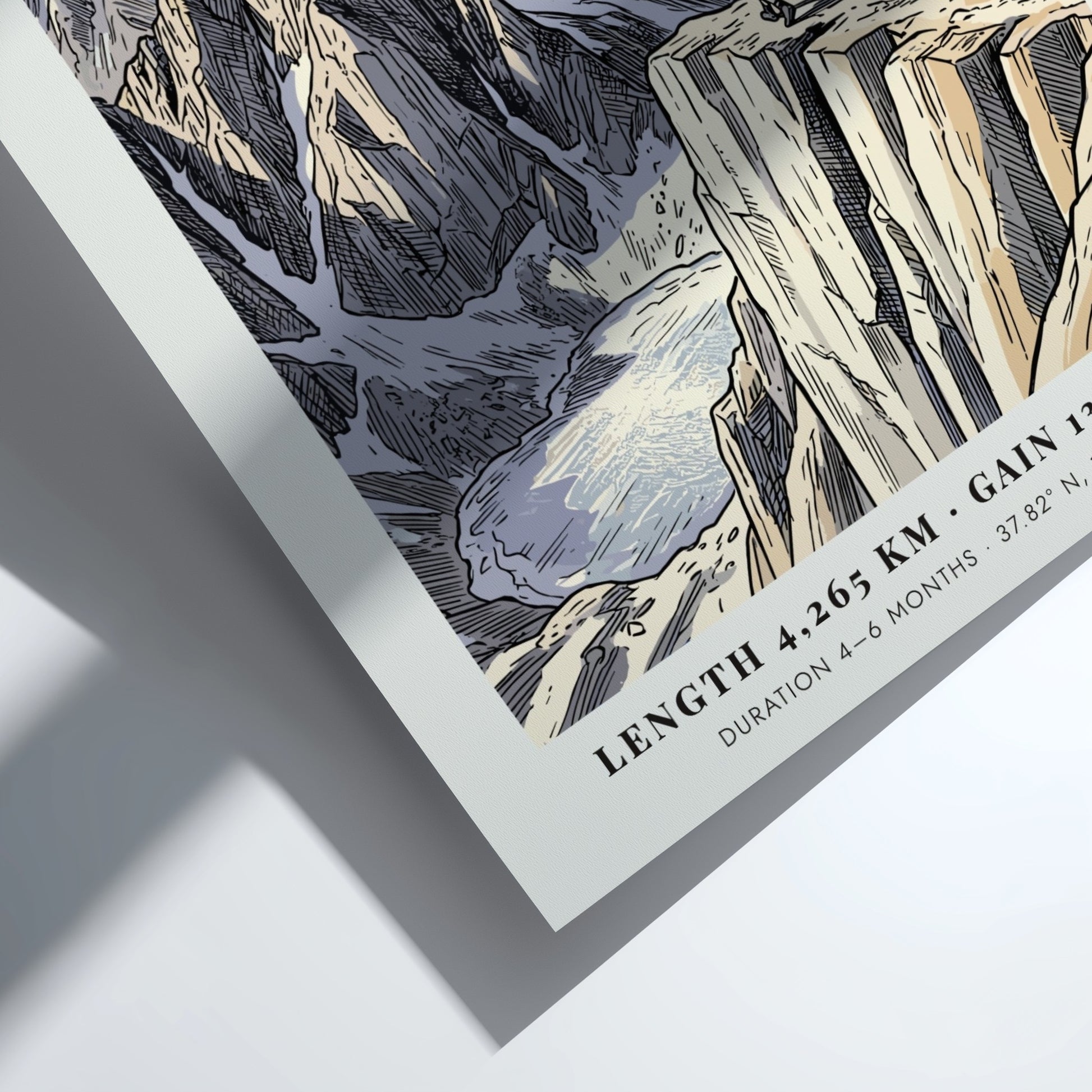 Poster featuring a hiker on a mountain ridge overlooking a glacial lake landscape