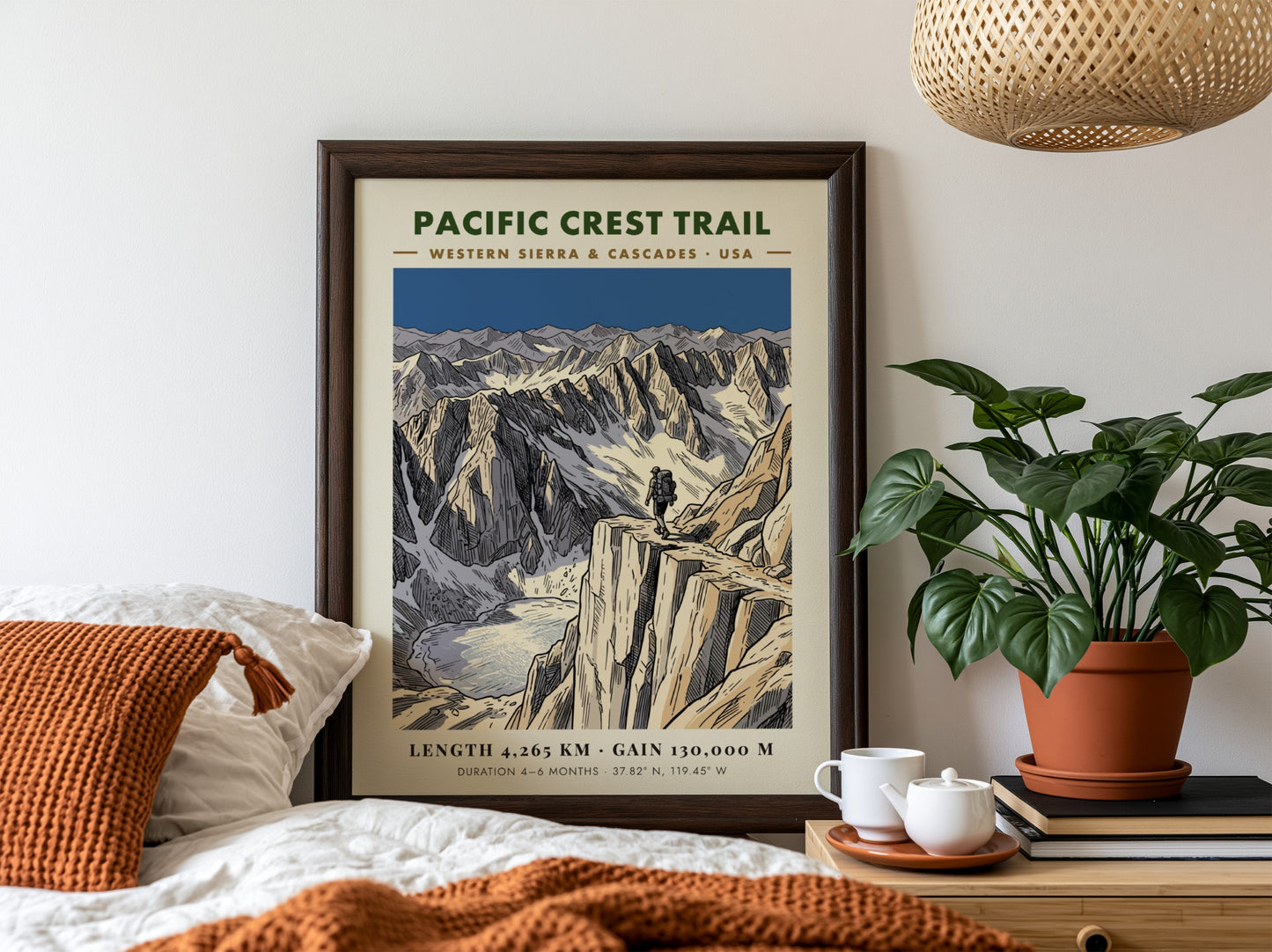 Poster featuring a hiker on a mountain ridge overlooking a glacial lake landscape