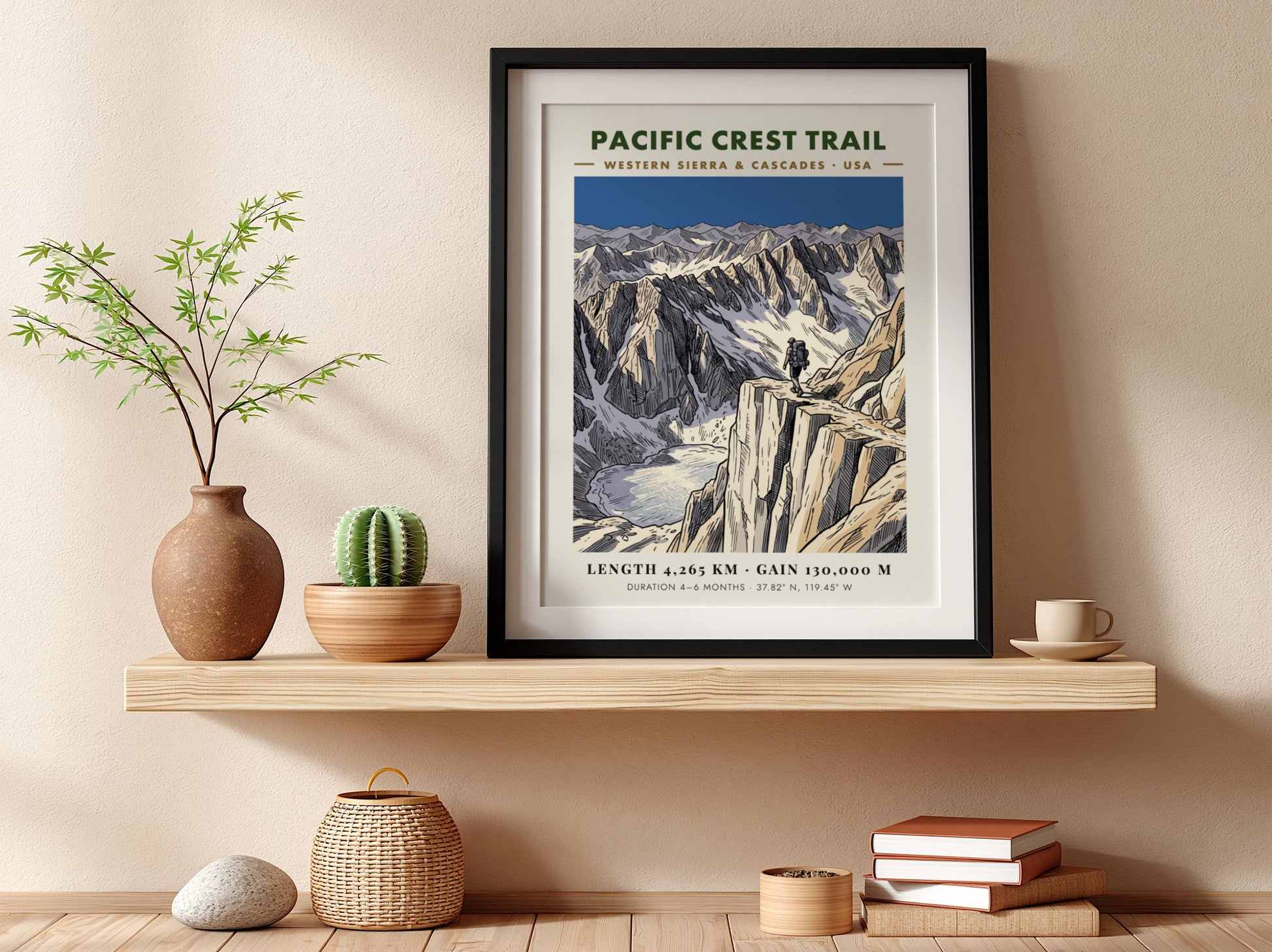 Poster featuring a hiker on a mountain ridge overlooking a glacial lake landscape