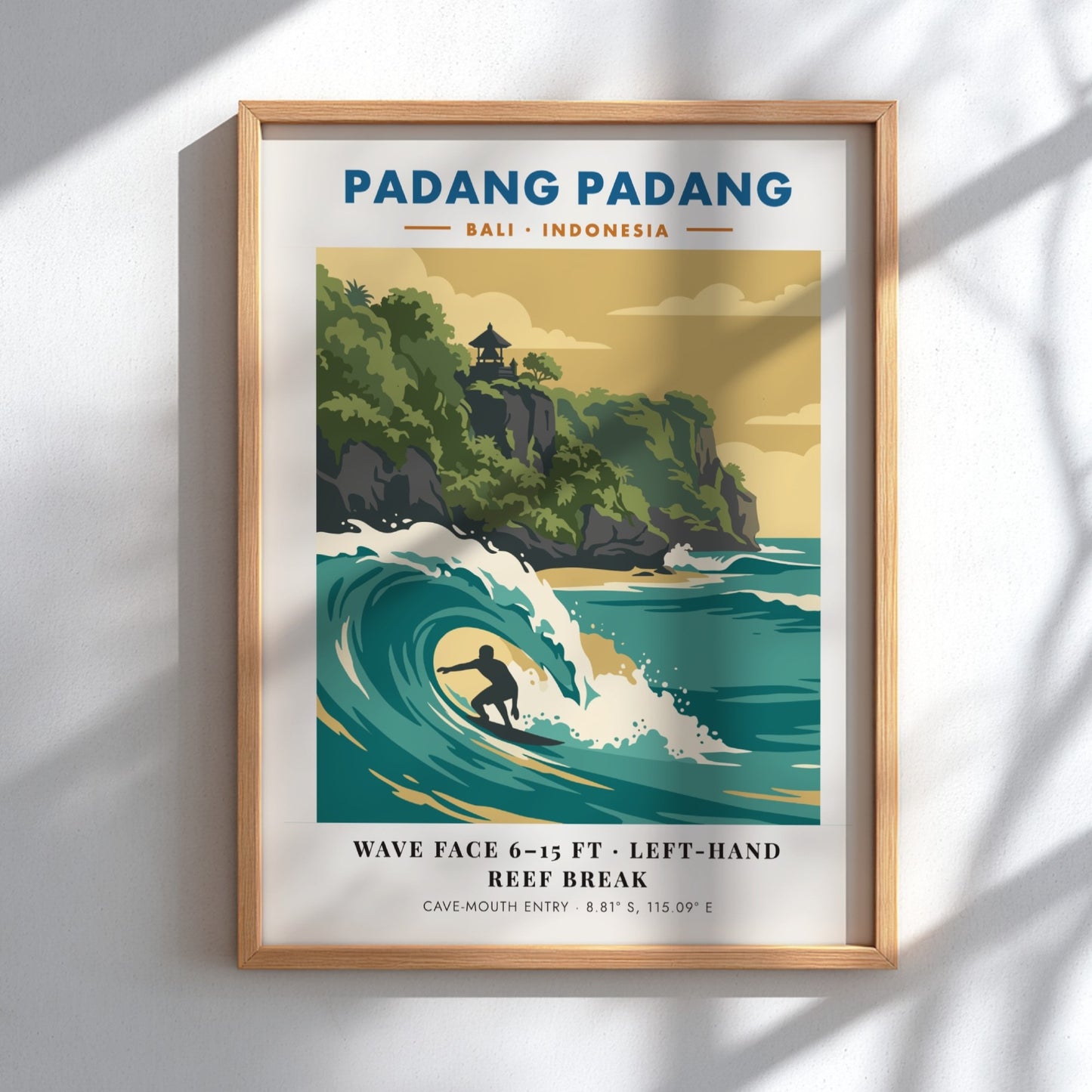 Padang Padang surf break travel poster showing a surfer in a turquoise wave