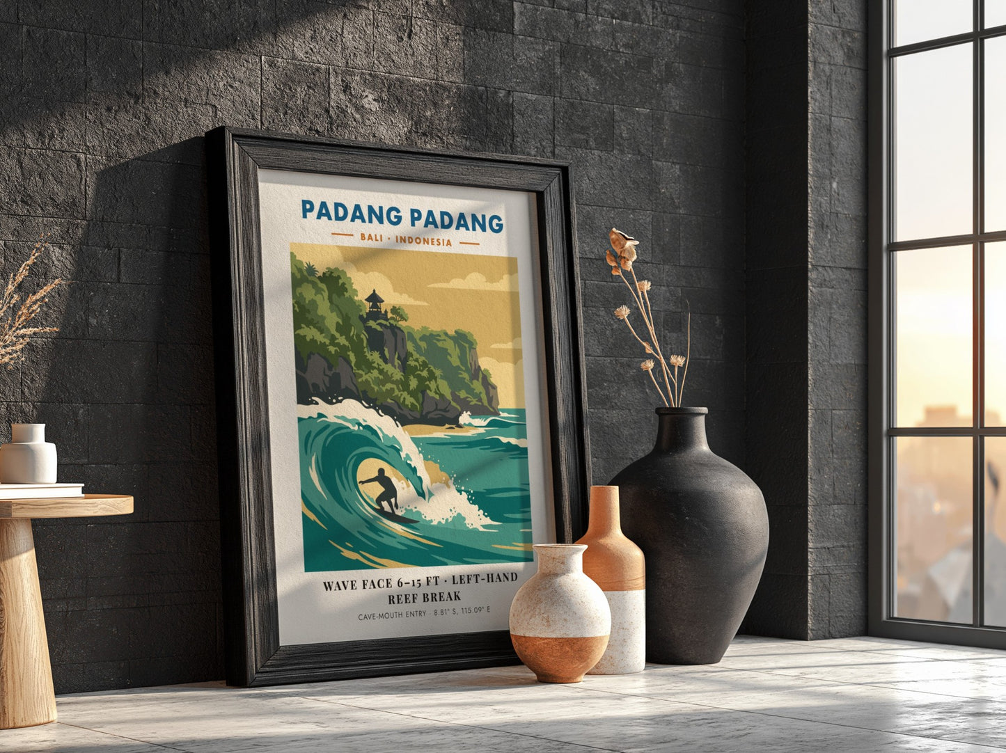Padang Padang surf break travel poster showing a surfer in a turquoise wave