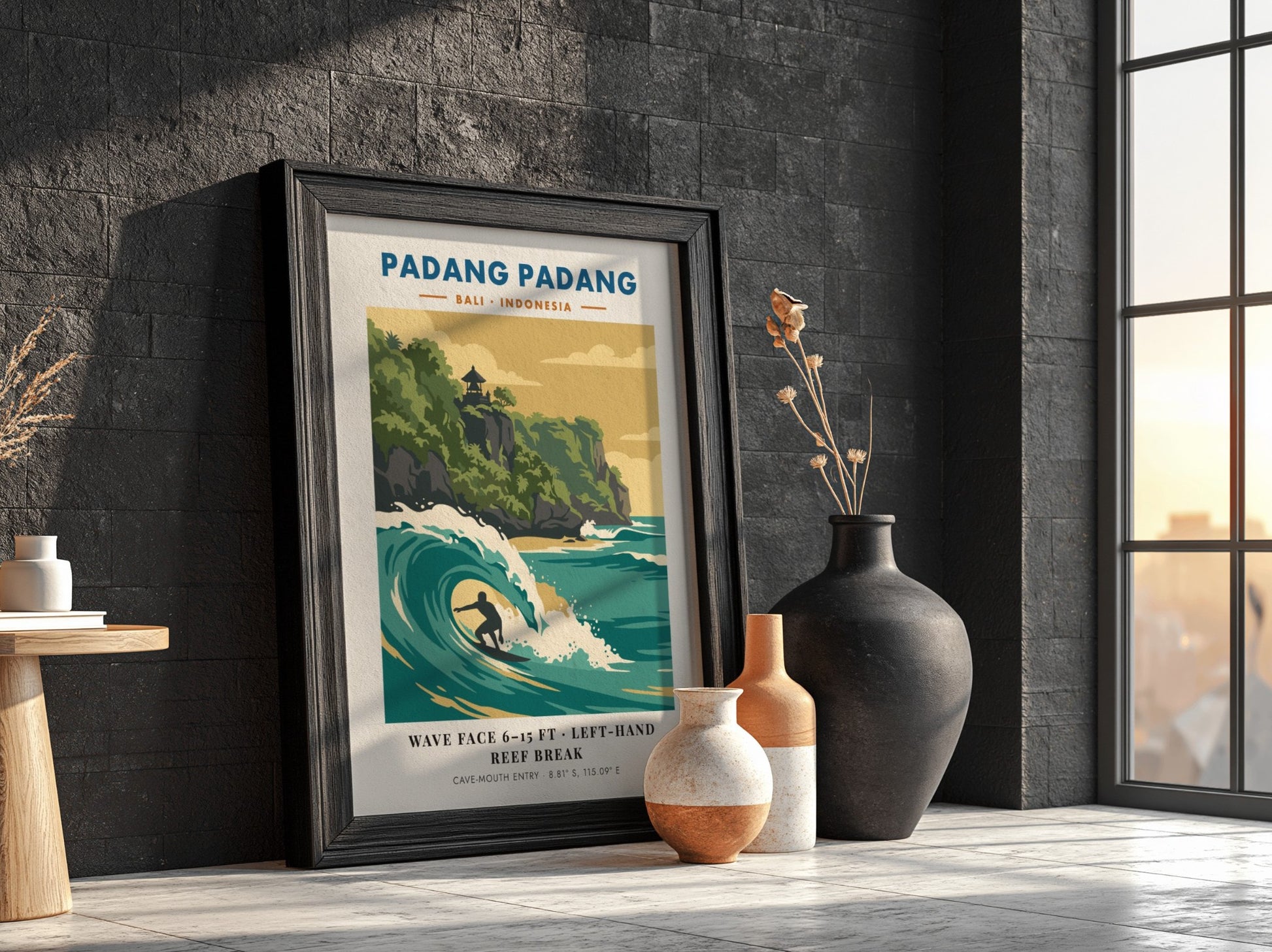 Padang Padang surf break travel poster showing a surfer in a turquoise wave