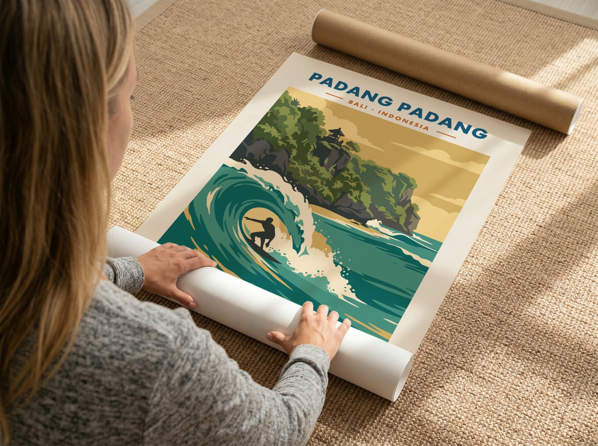 Padang Padang surf break travel poster showing a surfer in a turquoise wave