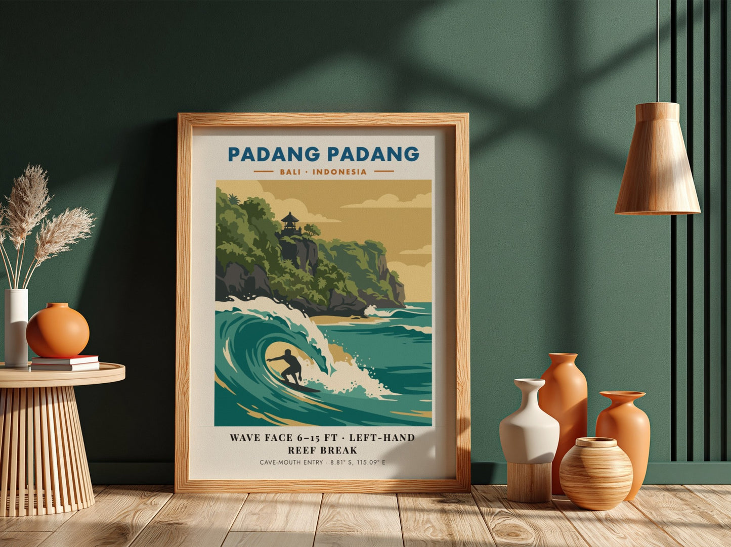 Padang Padang surf break travel poster showing a surfer in a turquoise wave
