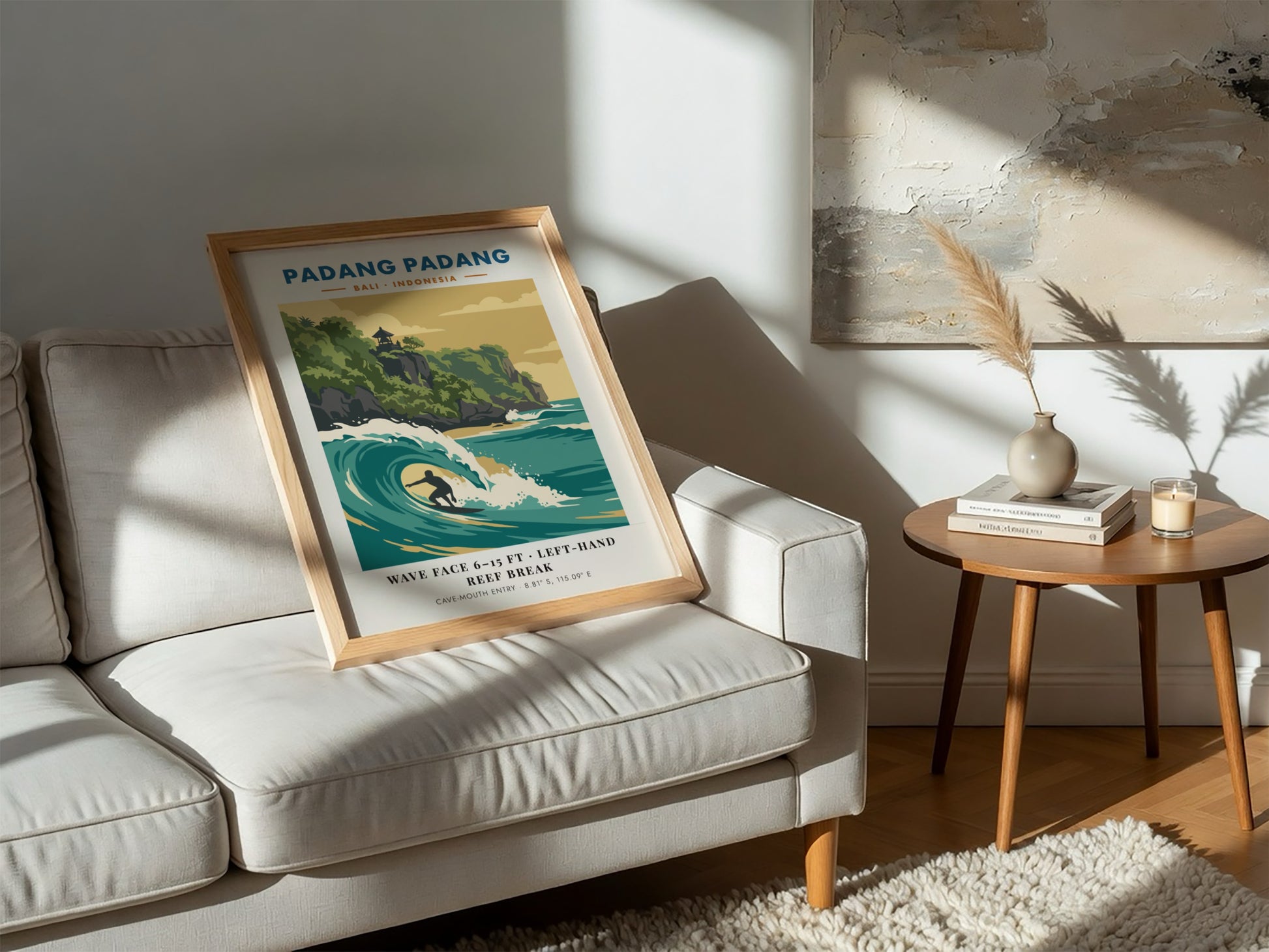 Padang Padang surf break travel poster showing a surfer in a turquoise wave