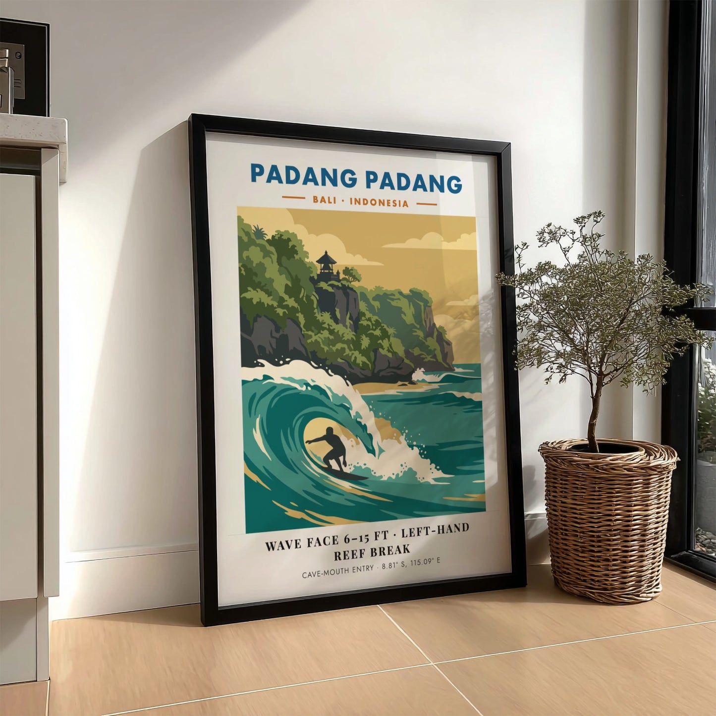 Padang Padang surf break travel poster showing a surfer in a turquoise wave