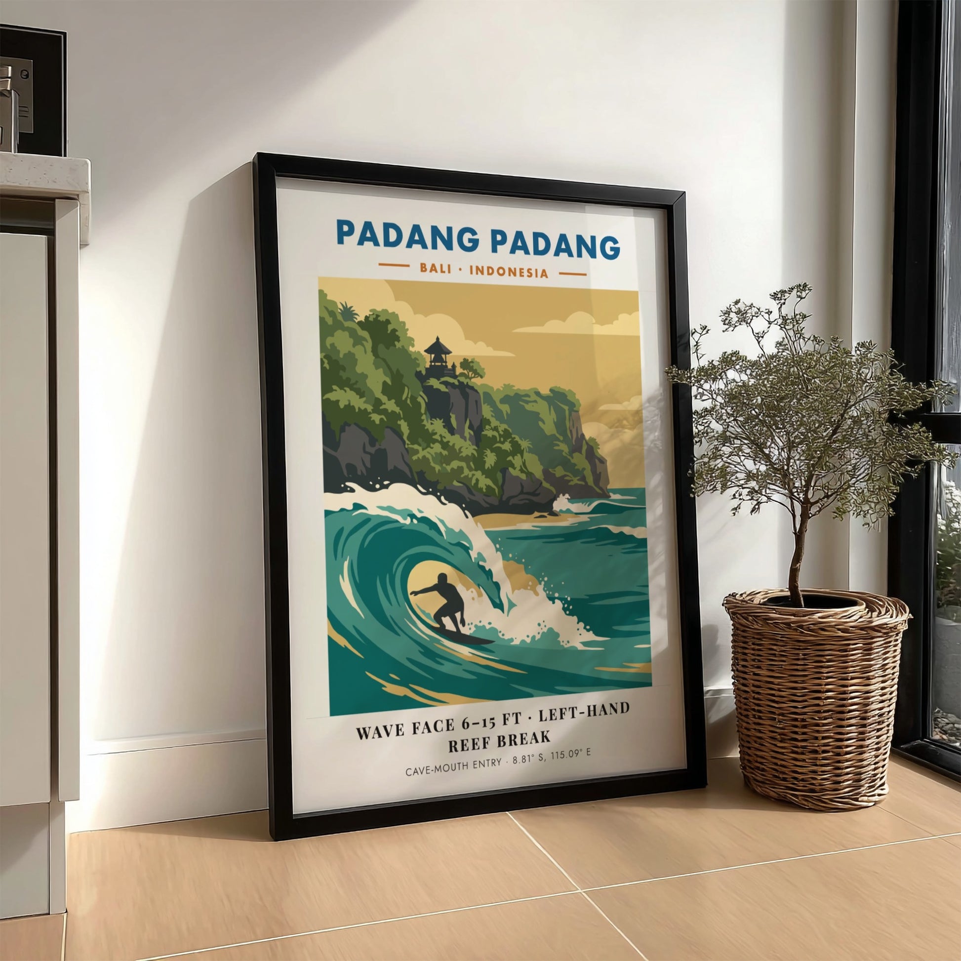 Padang Padang surf break travel poster showing a surfer in a turquoise wave