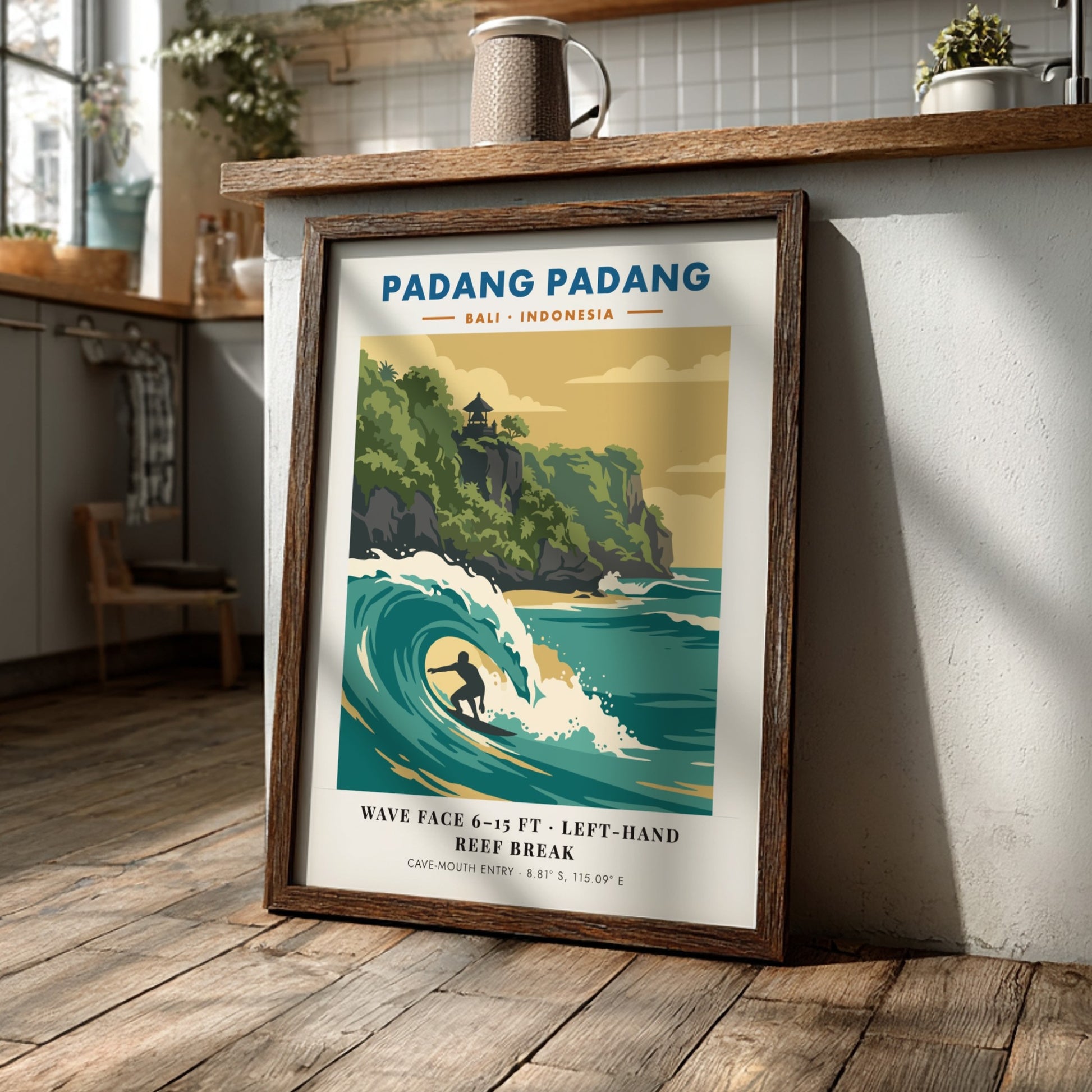 Padang Padang surf break travel poster showing a surfer in a turquoise wave