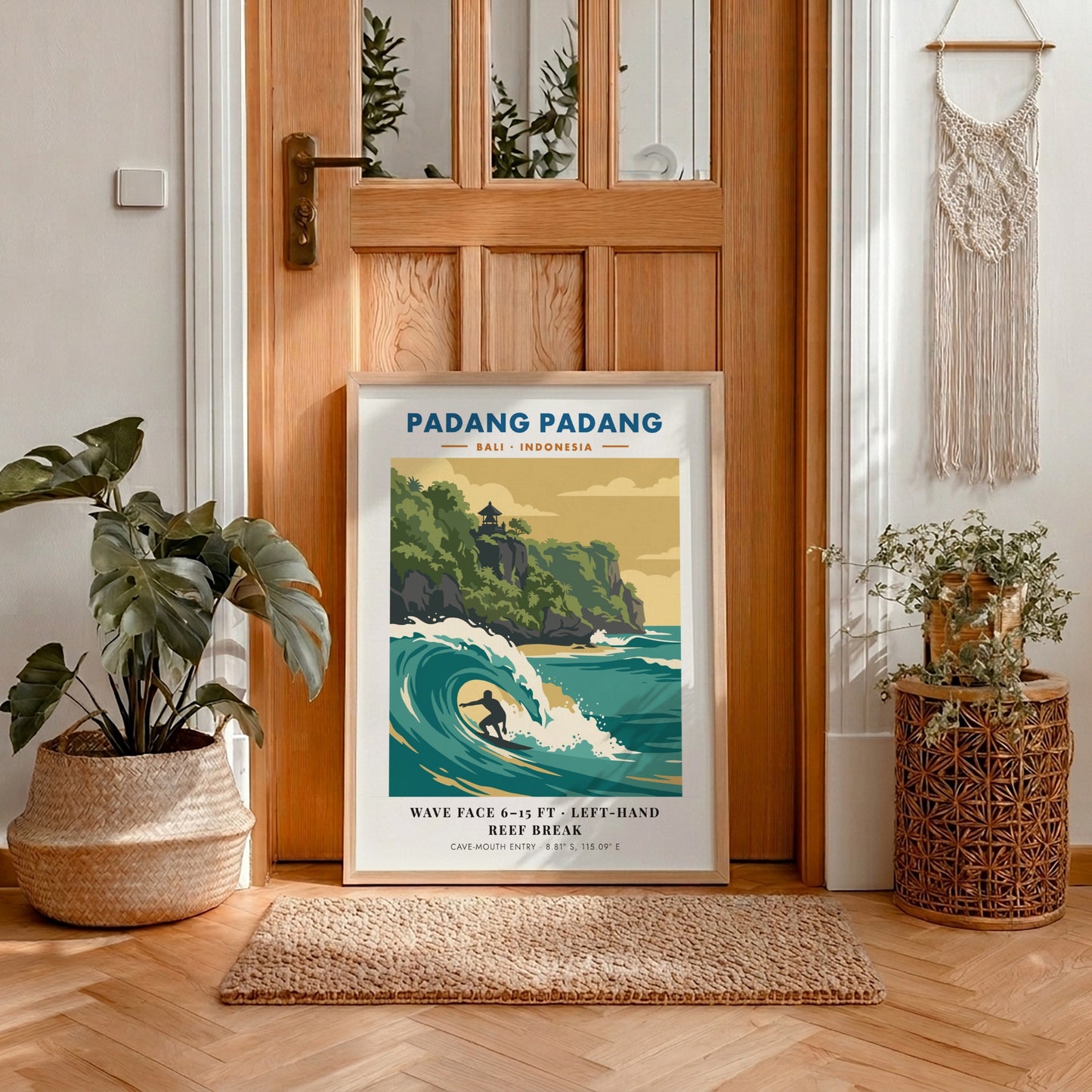 Padang Padang surf break travel poster showing a surfer in a turquoise wave