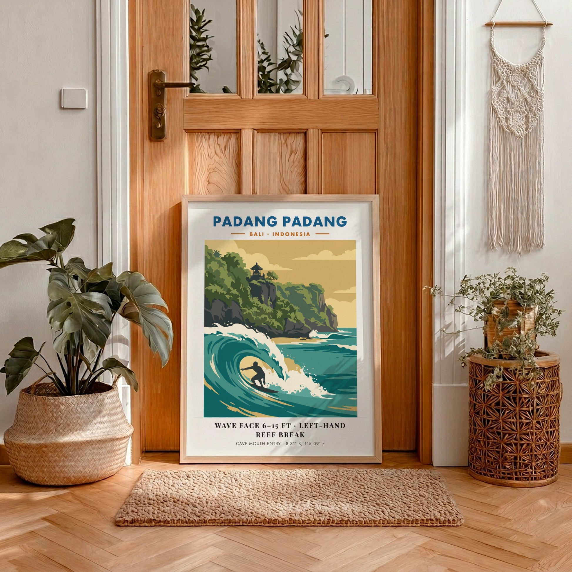 Padang Padang surf break travel poster showing a surfer in a turquoise wave