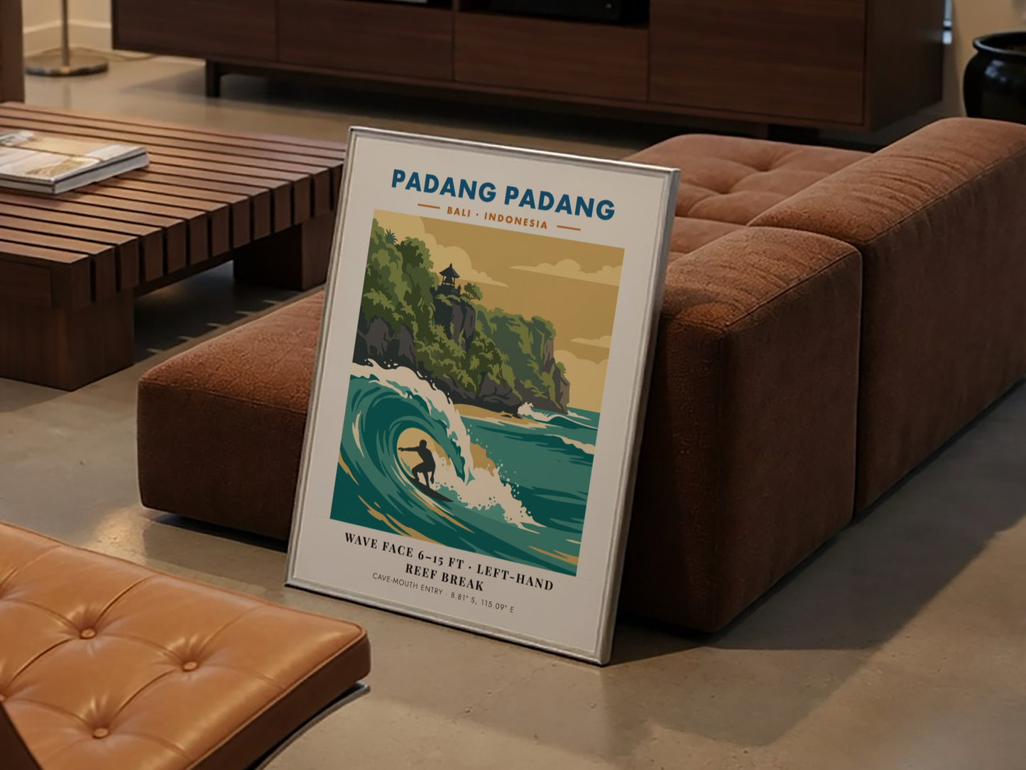 Padang Padang surf break travel poster showing a surfer in a turquoise wave