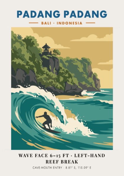 Padang Padang surf break travel poster showing a surfer in a turquoise wave