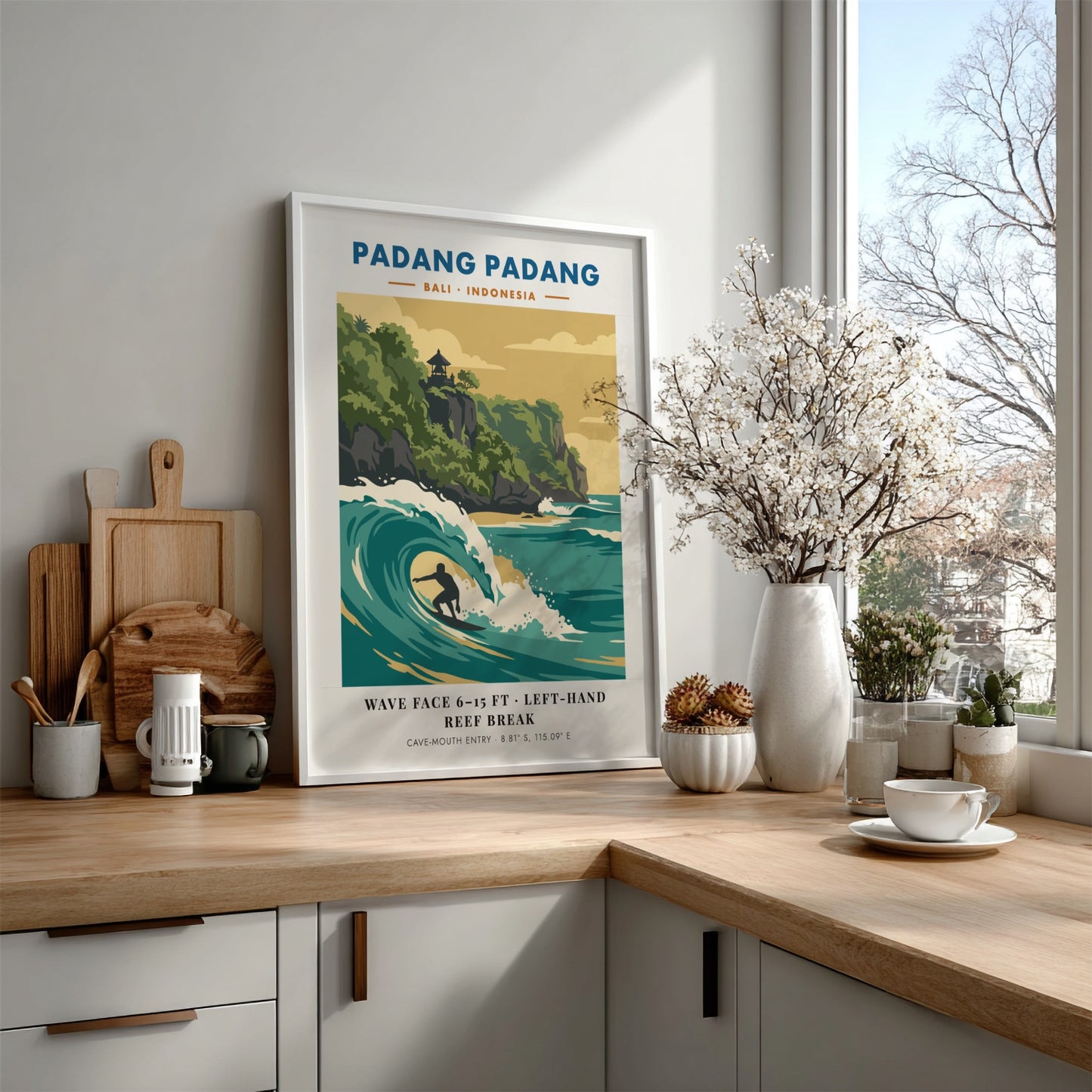 Padang Padang surf break travel poster showing a surfer in a turquoise wave