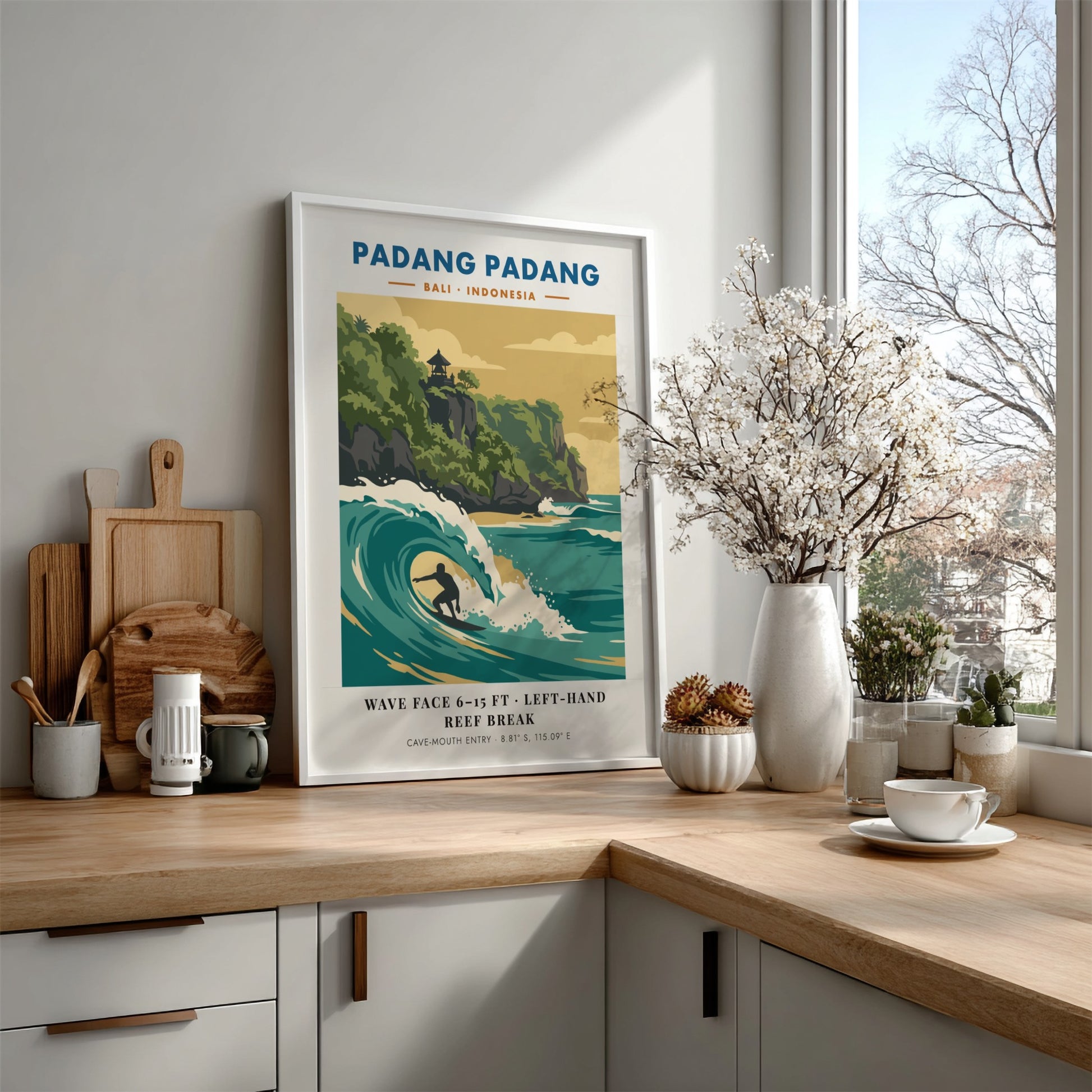 Padang Padang surf break travel poster showing a surfer in a turquoise wave