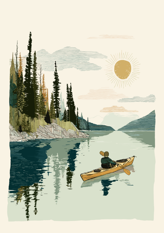 Person kayaking on a lake with mountains and trees in the background
