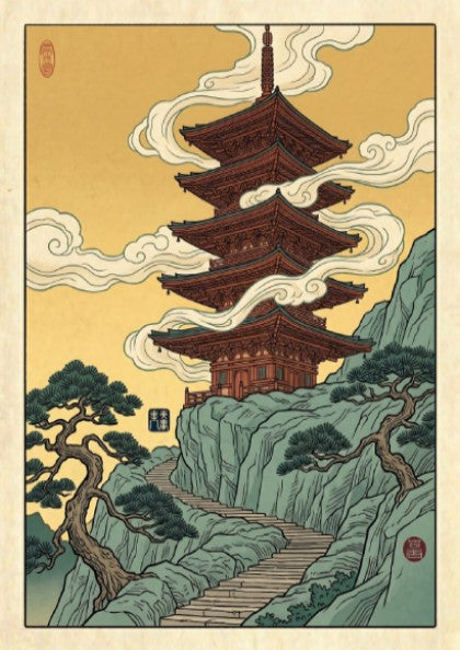 Japanese art style poster featuring a pagoda on a mountain with clouds, warm colors and traditional design