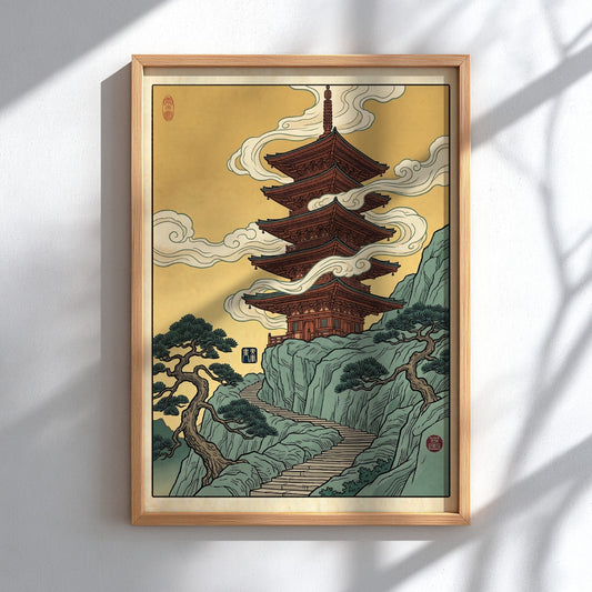 Japanese art style poster featuring a pagoda on a mountain with clouds, warm colors and traditional design
