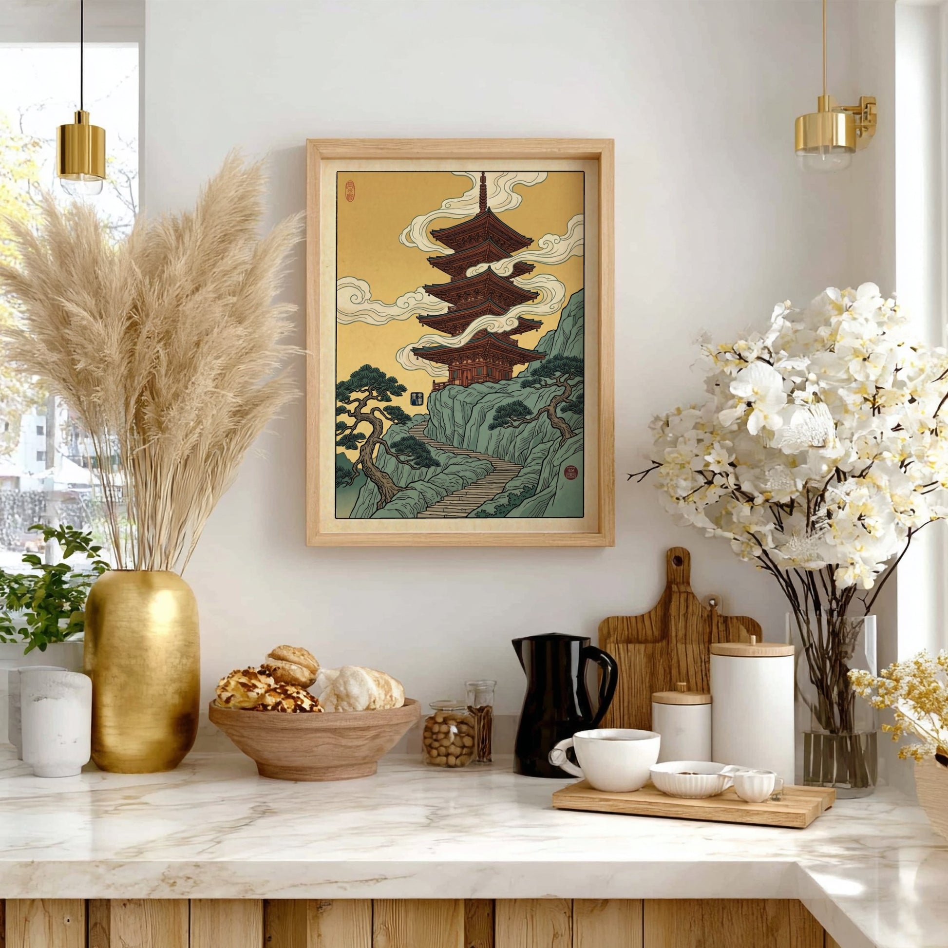 Japanese art style poster featuring a pagoda on a mountain with clouds, warm colors and traditional design