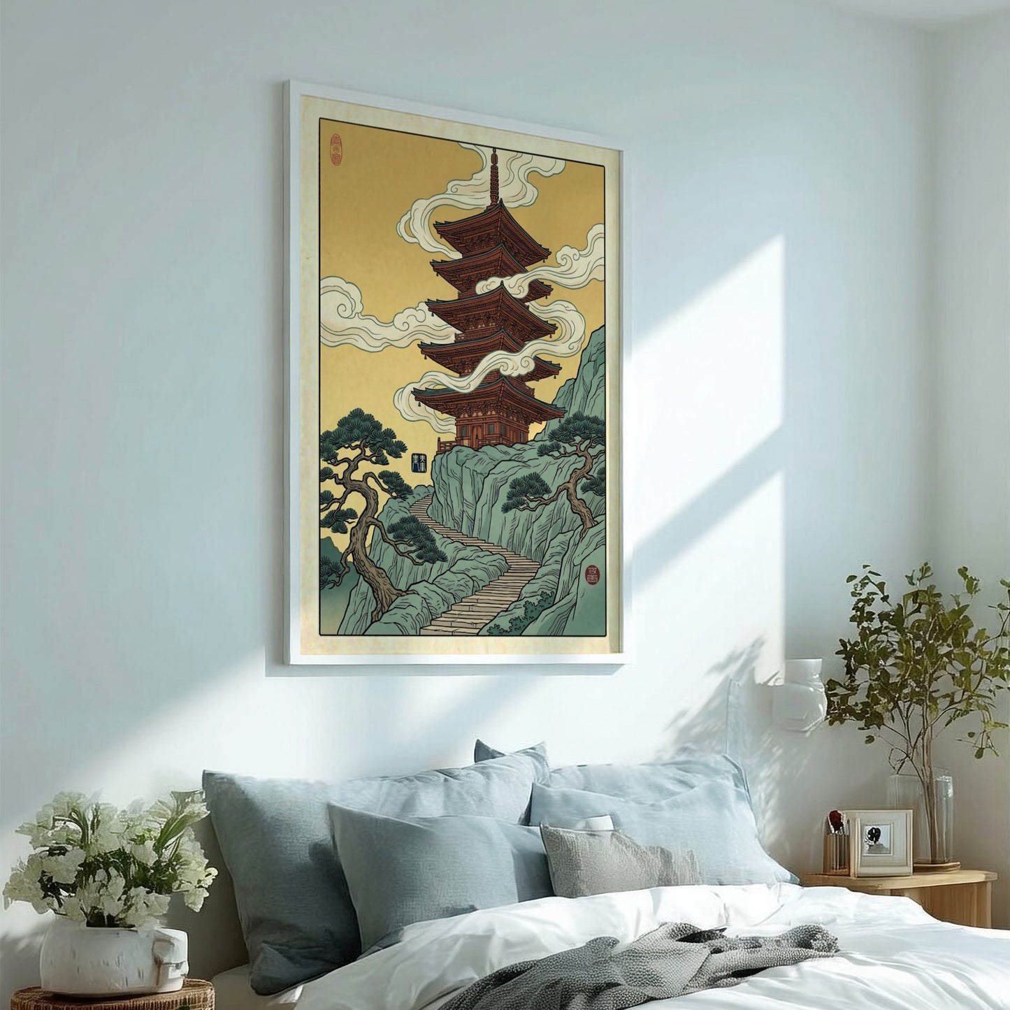 Japanese art style poster featuring a pagoda on a mountain with clouds, warm colors and traditional design