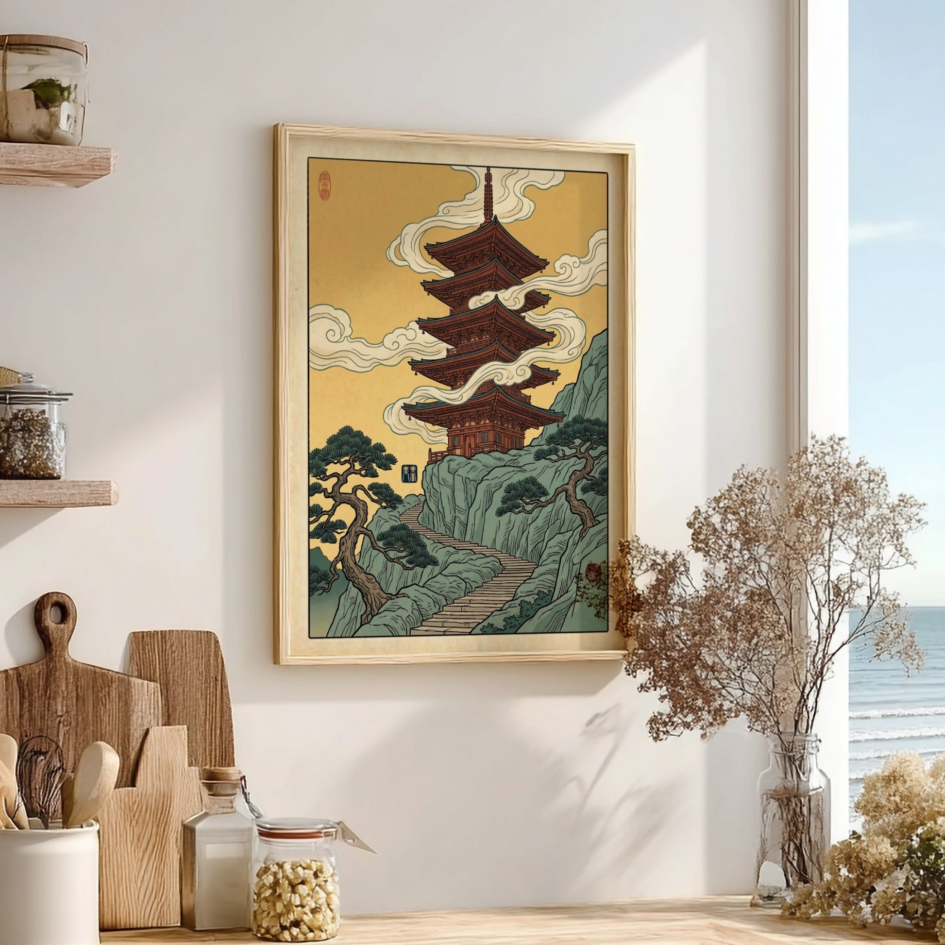 Japanese art style poster featuring a pagoda on a mountain with clouds, warm colors and traditional design