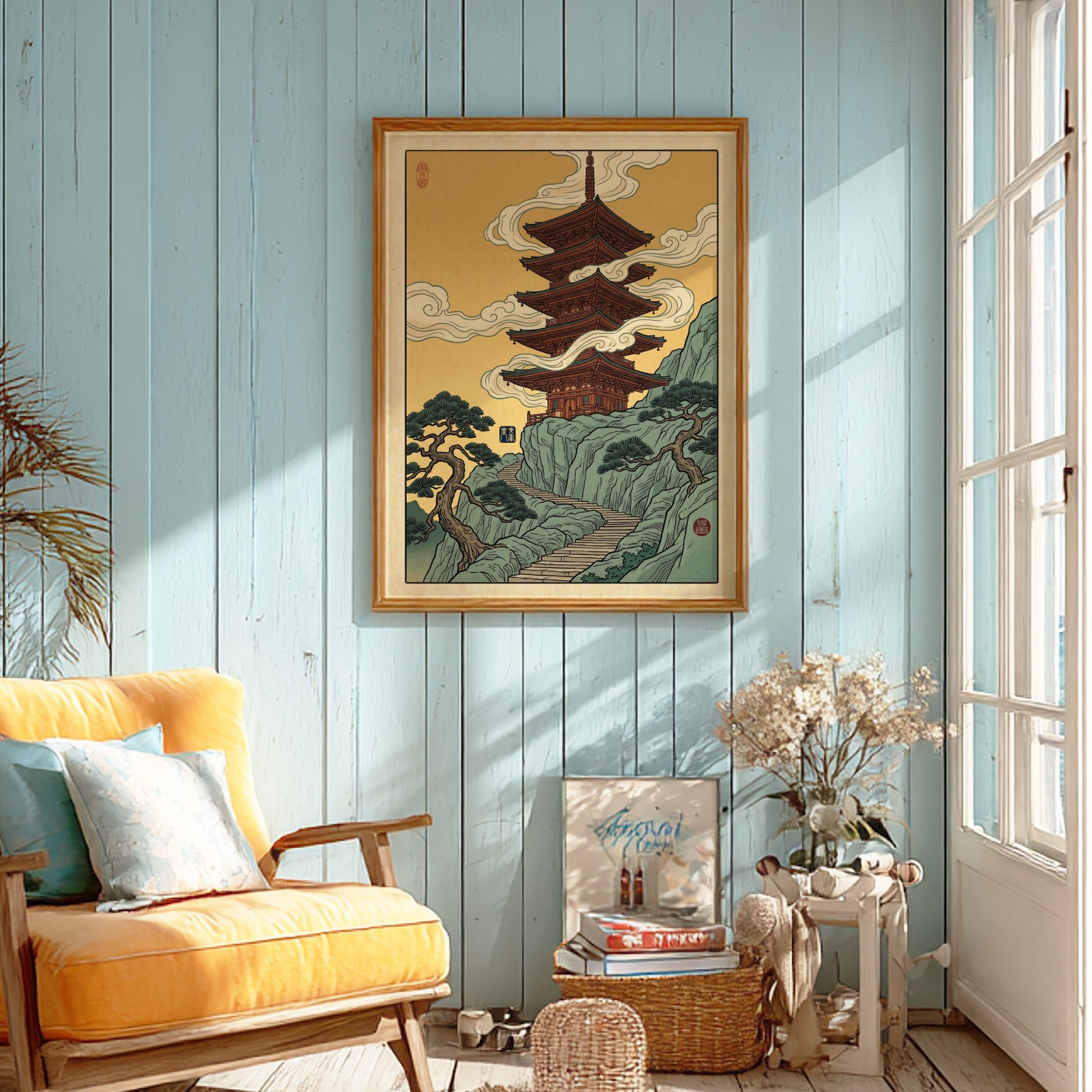 Japanese art style poster featuring a pagoda on a mountain with clouds, warm colors and traditional design