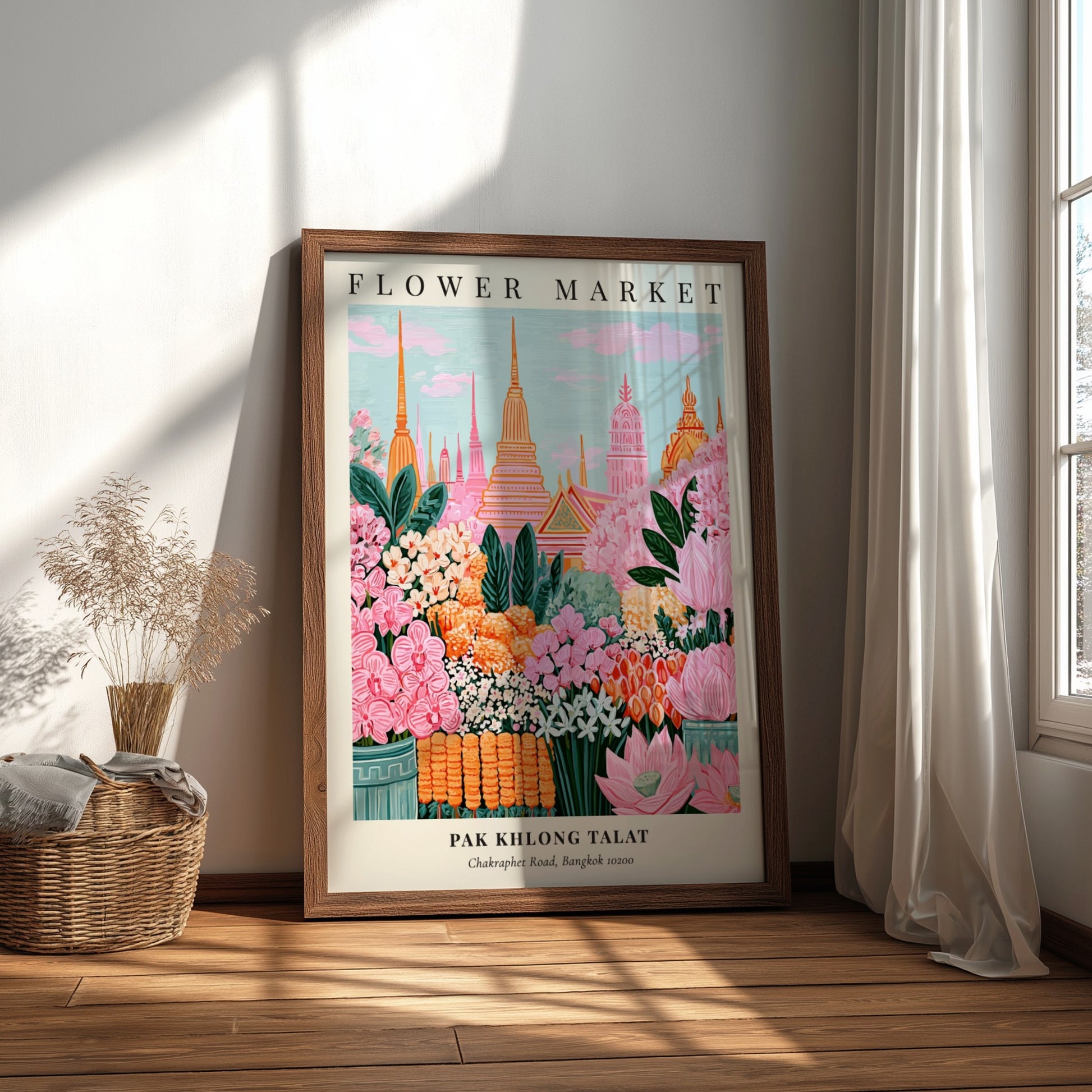 Floral art print featuring vibrant pinks and greens from Pak Khlong Talat Flower Market in Bangkok, perfect