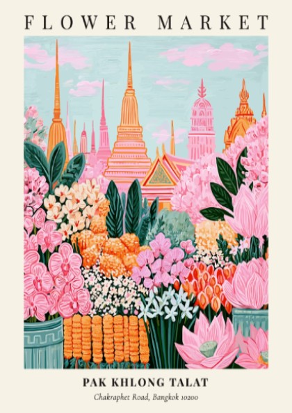 Floral art print featuring vibrant pinks and greens from Pak Khlong Talat Flower Market in Bangkok, perfect