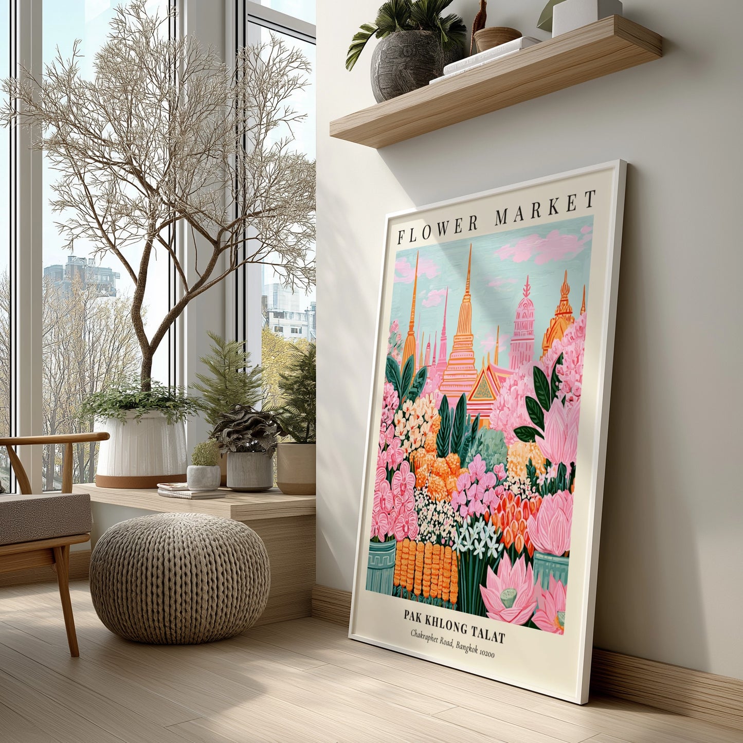 Floral art print featuring vibrant pinks and greens from Pak Khlong Talat Flower Market in Bangkok, perfect