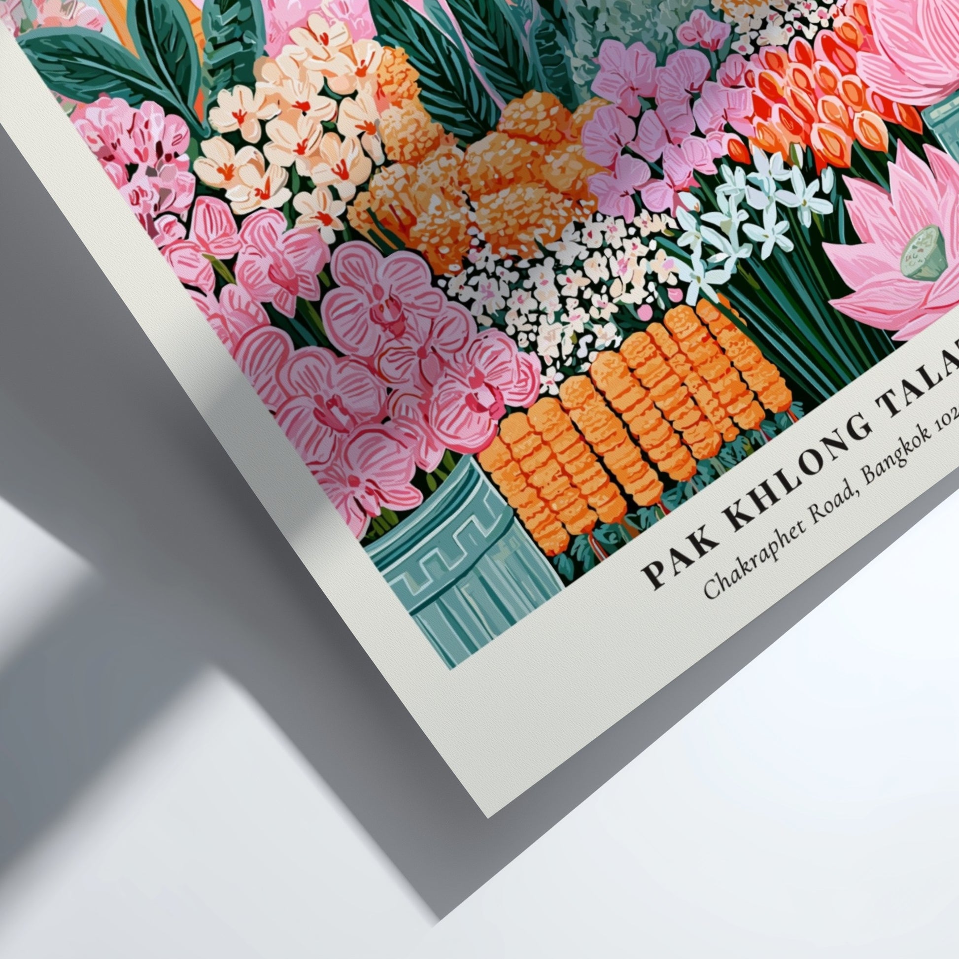 Floral art print featuring vibrant pinks and greens from Pak Khlong Talat Flower Market in Bangkok, perfect