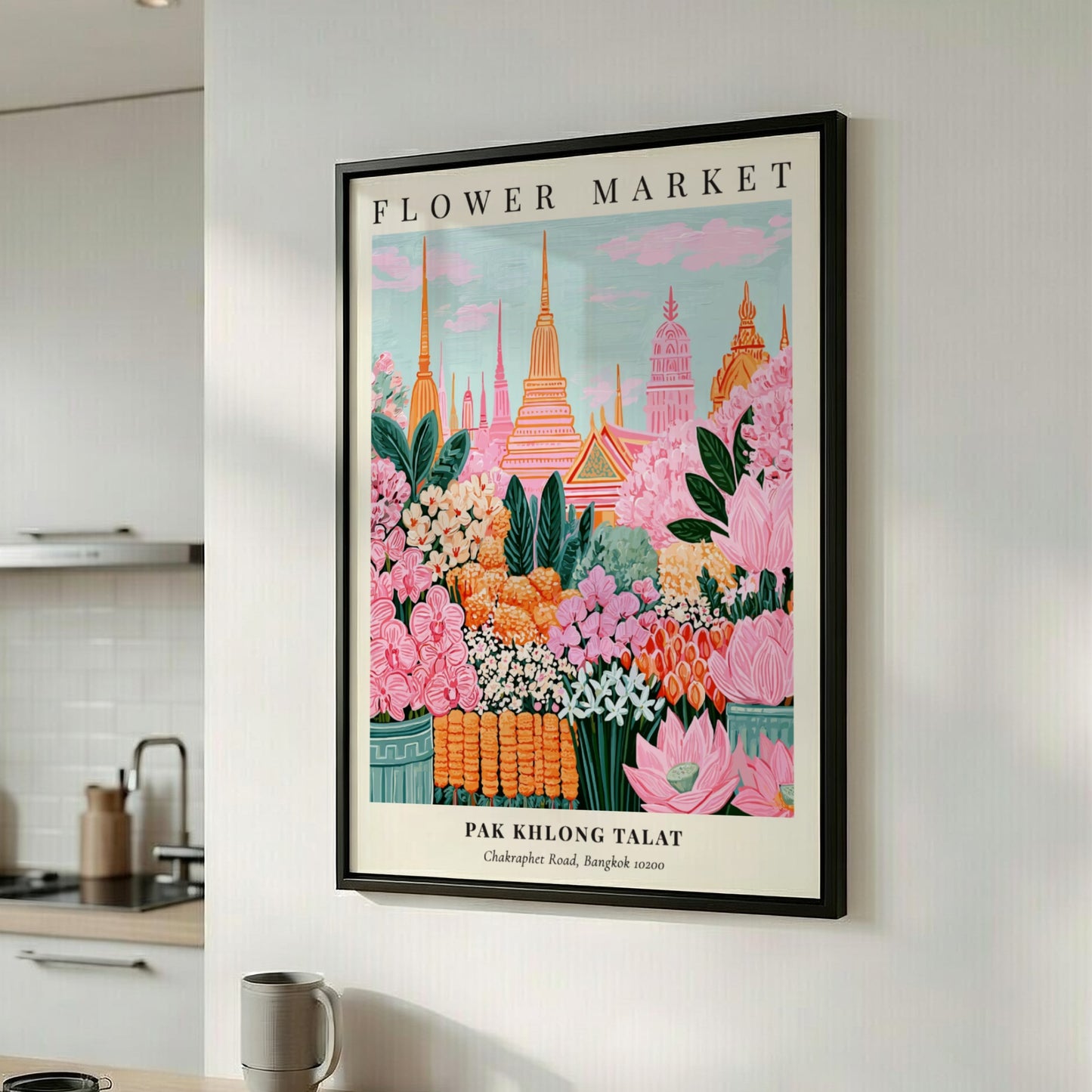 Floral art print featuring vibrant pinks and greens from Pak Khlong Talat Flower Market in Bangkok, perfect