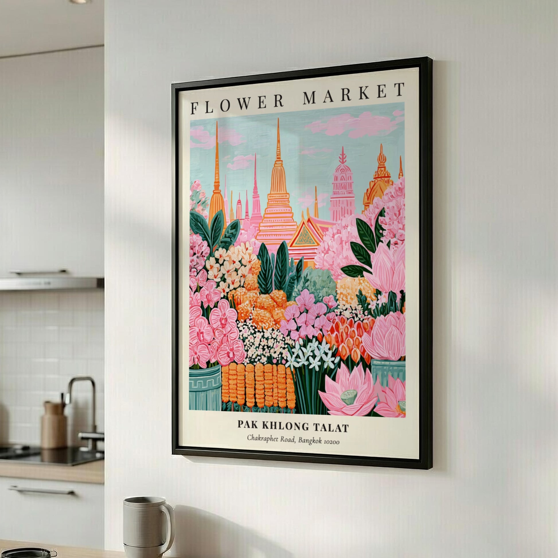 Floral art print featuring vibrant pinks and greens from Pak Khlong Talat Flower Market in Bangkok, perfect