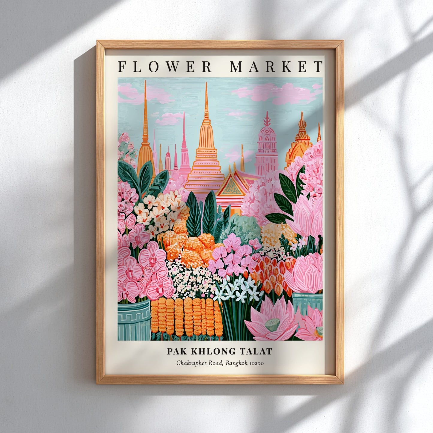 Floral art print featuring vibrant pinks and greens from Pak Khlong Talat Flower Market in Bangkok, perfect