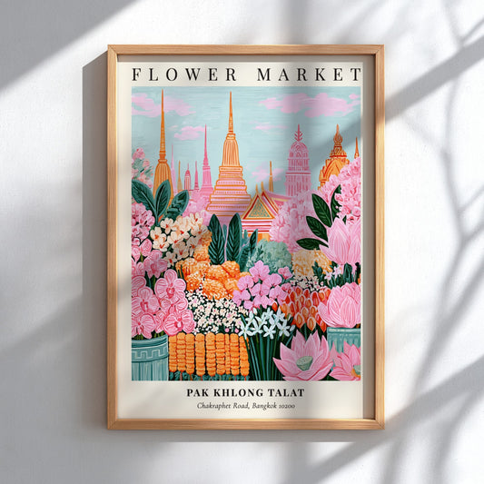 Floral art print featuring vibrant pinks and greens from Pak Khlong Talat Flower Market in Bangkok, perfect