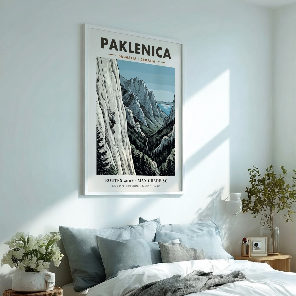 Poster of a climber on a limestone cliff in Paklenica, Dalmatia Croatia, illustrated style.