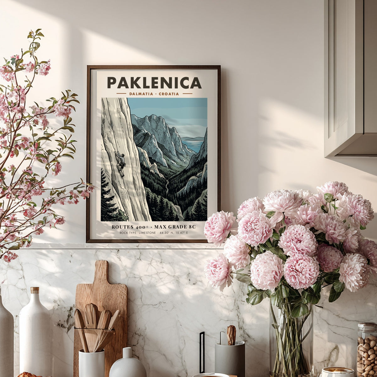 Poster of a climber on a limestone cliff in Paklenica, Dalmatia Croatia, illustrated style.