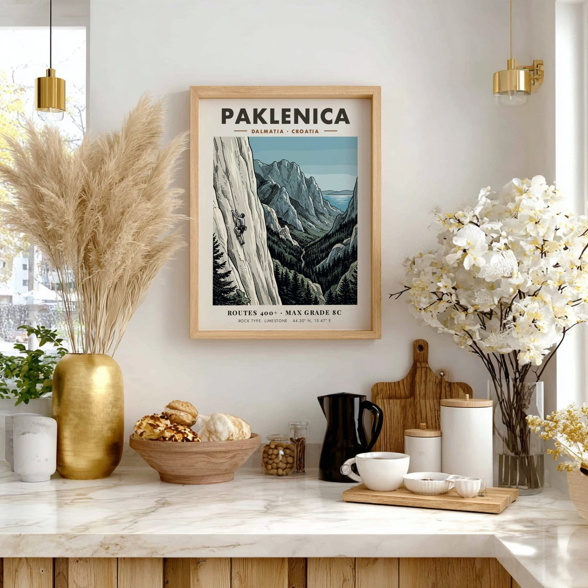 Poster of a climber on a limestone cliff in Paklenica, Dalmatia Croatia, illustrated style.