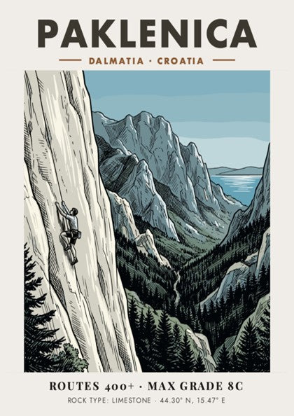 Poster of a climber on a limestone cliff in Paklenica, Dalmatia Croatia, illustrated style.