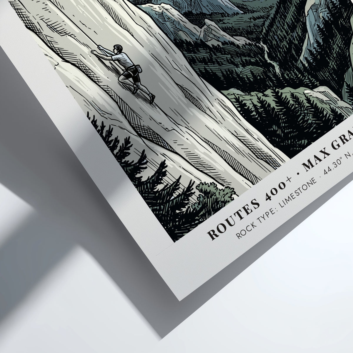 Poster of a climber on a limestone cliff in Paklenica, Dalmatia Croatia, illustrated style.