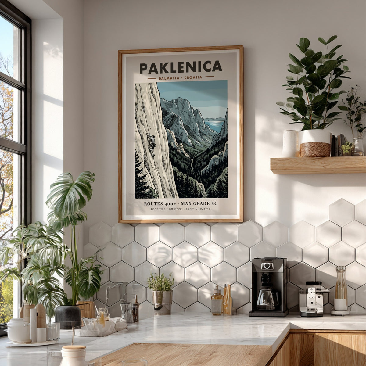 Poster of a climber on a limestone cliff in Paklenica, Dalmatia Croatia, illustrated style.