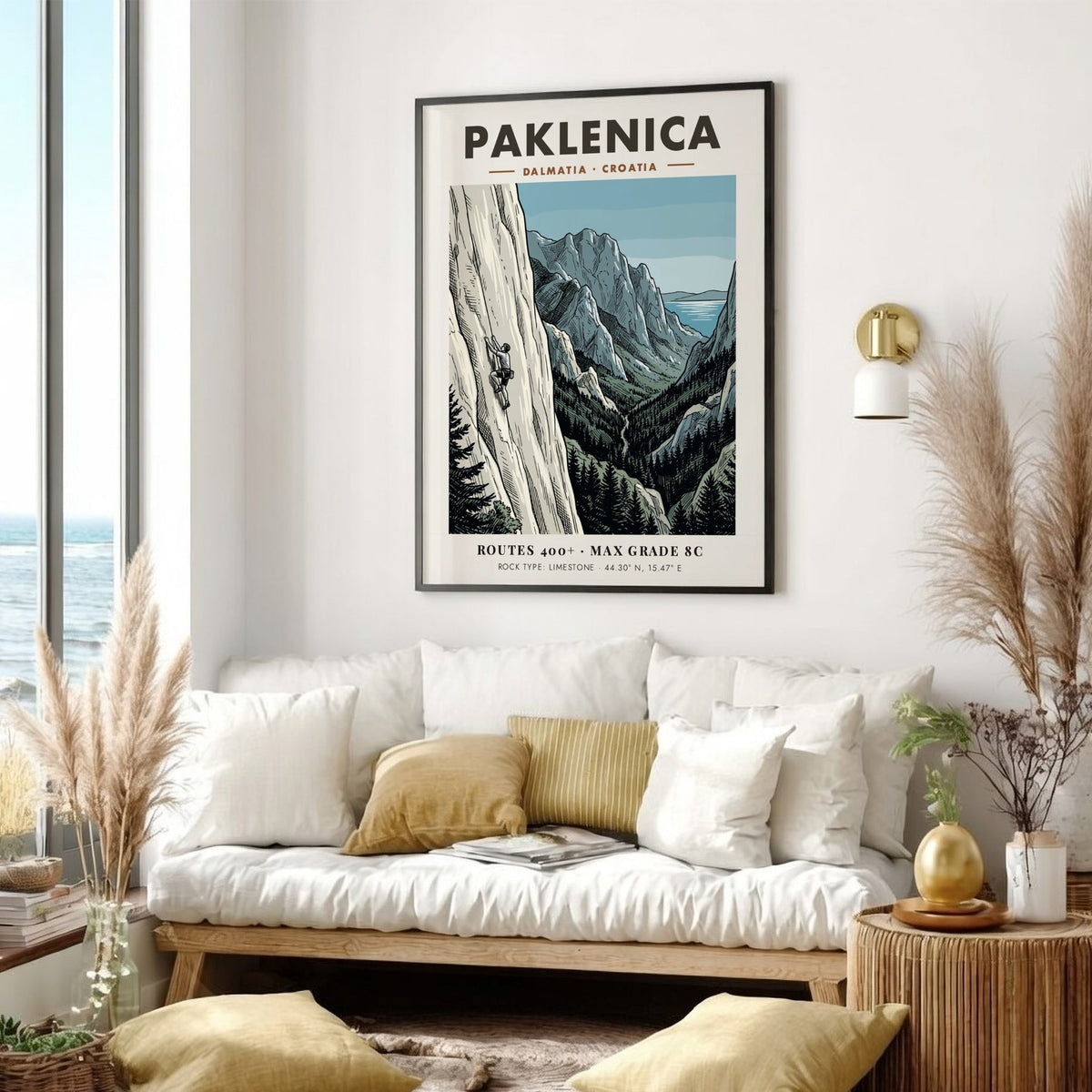 Poster of a climber on a limestone cliff in Paklenica, Dalmatia Croatia, illustrated style.