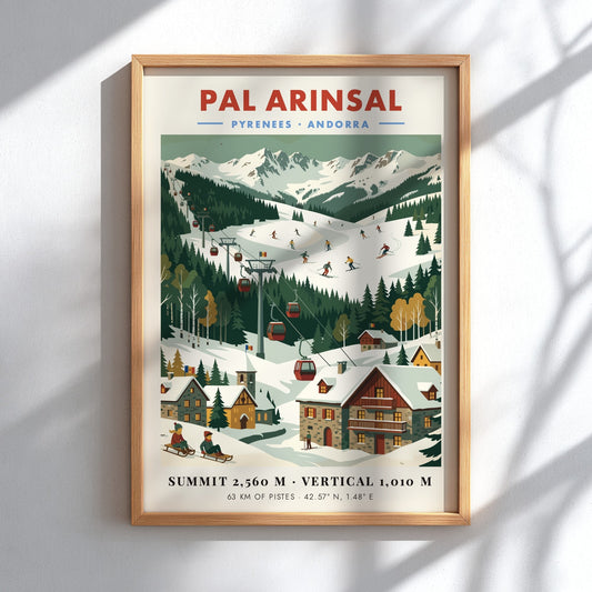 Poster of Pal Arinsal ski resort in Andorra featuring snow-capped mountains and chairlifts.