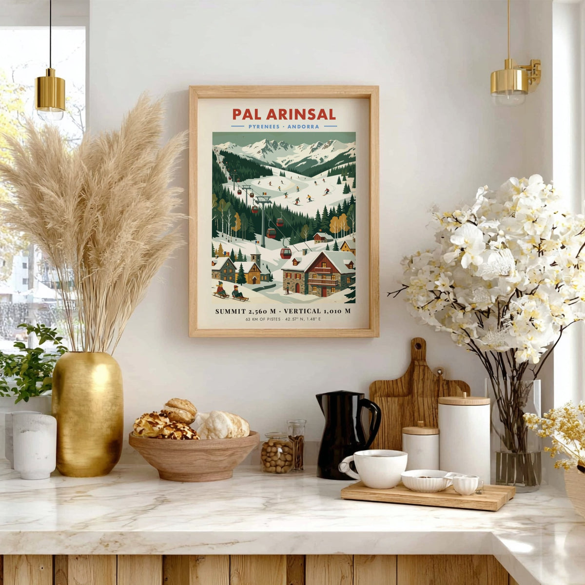 Poster of Pal Arinsal ski resort in Andorra featuring snow-capped mountains and chairlifts.