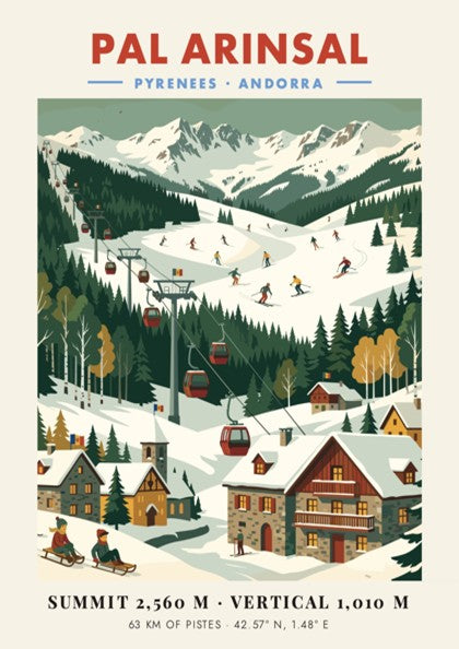 Poster of Pal Arinsal ski resort in Andorra featuring snow-capped mountains and chairlifts.