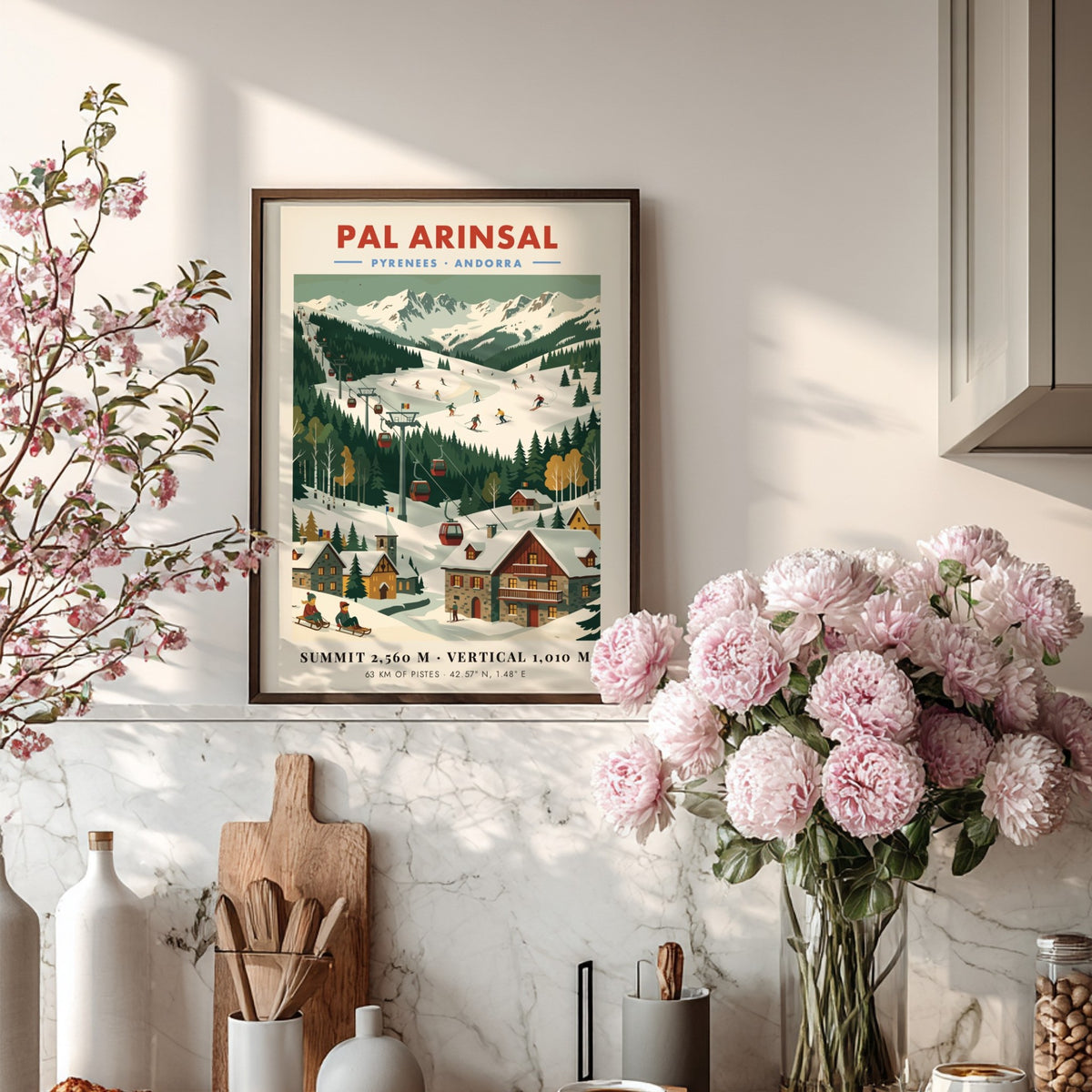 Poster of Pal Arinsal ski resort in Andorra featuring snow-capped mountains and chairlifts.
