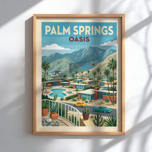 Mid-century modern poster of Palm Springs featuring architecture, palm trees, mountains, and a cable car.