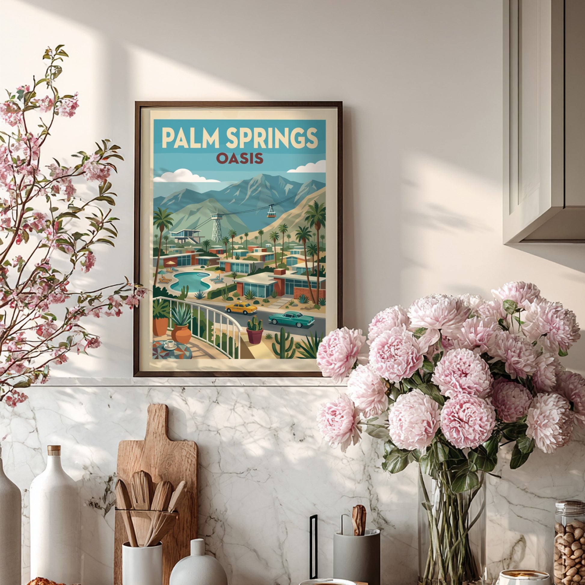 Mid-century modern poster of Palm Springs featuring architecture, palm trees, mountains, and a cable car.